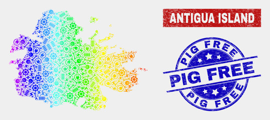 Tools Antigua Island map and blue Pig Free textured stamp. Colorful gradiented vector Antigua Island map mosaic of production parts. Blue rounded Pig Free stamp.