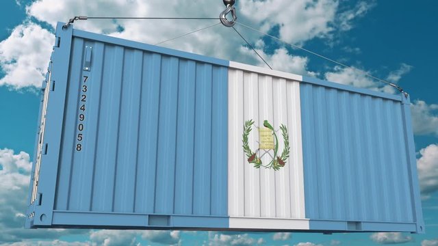 Cargo container with flag of Guatemala. Guatemalan import or export related conceptual 3D animation