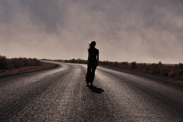 Silhouette Woman Road Wind Dust Desert Backlit