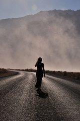 Silhouette Woman Road Wind Dust Desert Backlit