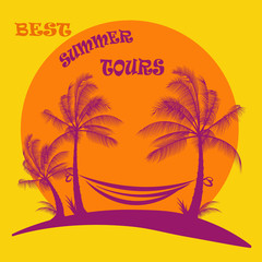 Fototapeta na wymiar Hammock between palms magenta silhouette best summer tours vector illustration