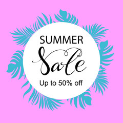 Summer sale banner. Exotic design for banner, flyer, invitation, poster, website or postcard. Vector illustration with abstract stains.