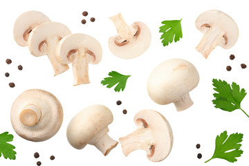 mushrooms with slices, parsley leaf and peppercorns isolated on white background. top view