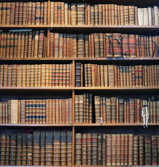 old books on wooden shelf