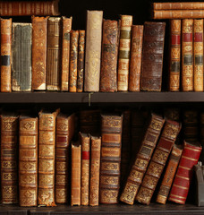 old books on wooden shelf