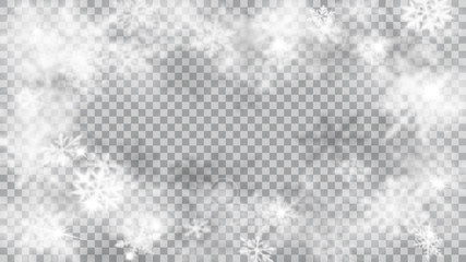 Christmas blurred illustration with frame of complex defocused big and small snowflakes in white and gray colors with bokeh effect on transparent background
