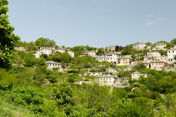 Ioannina village Vitsa in spring season old tranditional houses and green trees