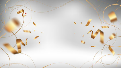 Golden ribbon vector background design with flying confetti of gold. Elegant festive decoration template