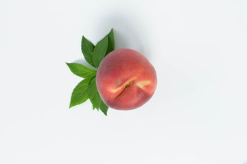 One Peach with Leaf Stem on White Background, Isolated Peach, Copy Space