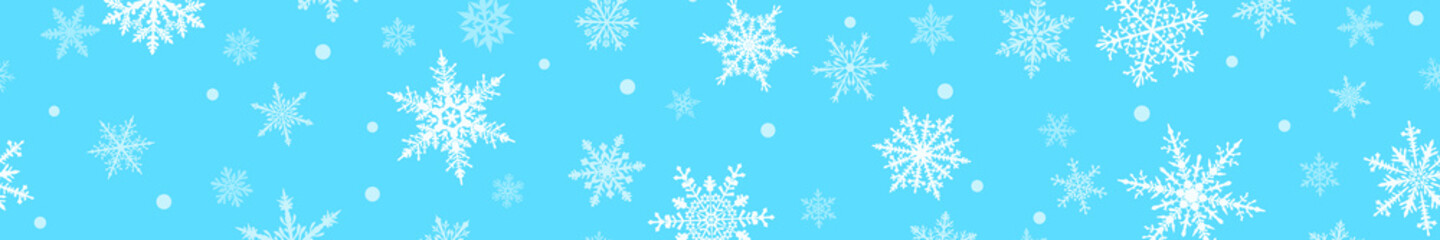 Christmas banner of complex big and small snowflakes in white colors on light blue background. With horizontal repetition