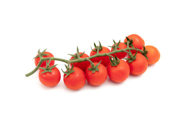 A branch of red cherry tomatoes on a white background. Small and juicy vegetable is rich in vitamins and trace elements. Healthy food. Fresh and organic vegetables. Raw food