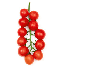 A branch of red cherry tomatoes on a white background. Small and juicy vegetable is rich in vitamins and trace elements. Healthy food. Fresh and organic vegetables. Raw food
