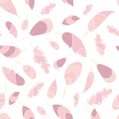 Vdector seamless pattern with pink hand drawn feathers. Soft colors. Romantic, elegant print,texture,walppaper,background.