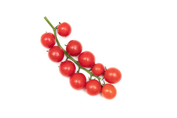 A branch of red cherry tomatoes on a white background. Small and juicy vegetable is rich in vitamins and trace elements. Healthy food. Fresh and organic vegetables. Raw food