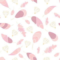 Vector seamless pattern with pink feathers and gold contours of crystals,diamonds. Soft colors. Stylish,trendy, elegant design