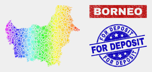 Productivity Borneo map and blue For Deposit grunge seal stamp. Spectral gradient vector Borneo map mosaic of productivity components. Blue rounded For Deposit seal.