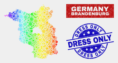 Assembly Brandenburg Land map and blue Dress Only distress seal. Rainbow colored gradiented vector Brandenburg Land map mosaic of machinery elements. Blue round Dress Only seal.