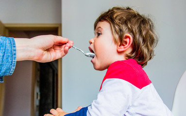mother feeds a little toddler boy with a spoon during lunch in the room.