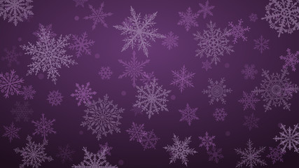 Christmas background with various complex big and small snowflakes in purple colors