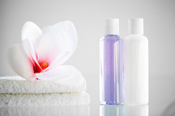 Fototapeta na wymiar Shower supplies. Composition cosmetic products of spa treatment.