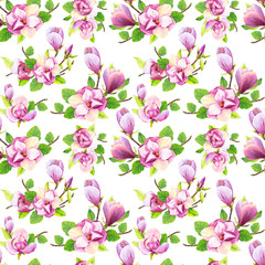 Spring seamless background with watercolor magnolia. Floral purple pattern with realistic flowers on white background for your design and decor.