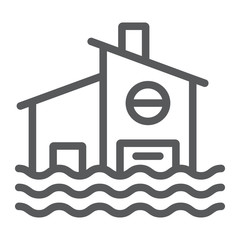 Flood line icon, disaster and home, flooded house sign, vector graphics, a linear pattern on a white background.