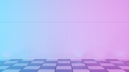 Neon backgroung white wood planks wall and retro checker black white floor. 3d. 60s 70s 80s
