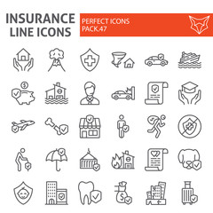 Insurance line icon set, healthcare symbols collection, vector sketches, logo illustrations, life and business protection signs linear pictograms package isolated on white background.