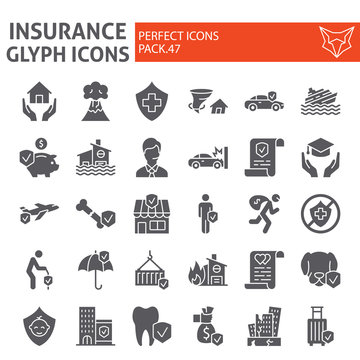 Insurance glyph icon set, healthcare symbols collection, vector sketches, logo illustrations, life and business protection signs solid pictograms package isolated on white background.