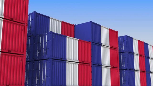 Container yard full of containers with flag of France. French export or import related loopable 3D animation