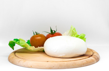 Italian mozzarella with tomatoes and fresh salad on white background