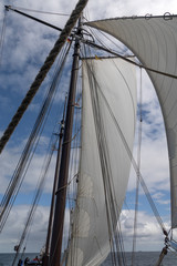 Main mast, gaff sail, main boom, flying jib and running rigging of a historical sailing ship