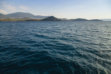 Landscape view to mountains from the sea. Beatiful seaview. Greece