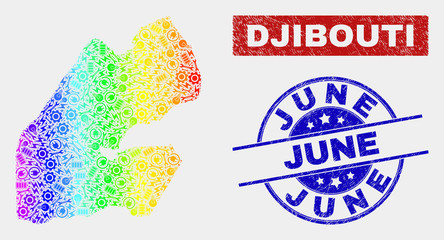 Service Djibouti map and blue June distress seal stamp. Colorful gradient vector Djibouti map mosaic of service items. Blue round June stamp.