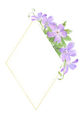 Diamond shaped frame of lilac watercolor geranium flowers isolated on white background. Perfect for logo, design, cosmetics design, package, textile