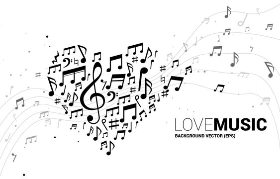 Vector music melody note shaped heart form . Concept background for song and love music concert theme.