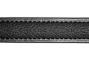 Black leather belt, sewed strap closeup isolated on white.