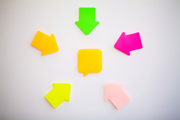 Colorful stickers on white wall. Empty Space for text