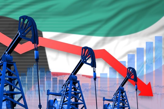 lowering, falling graph on Kuwait flag background - industrial illustration of Kuwait oil industry or market concept. 3D Illustration