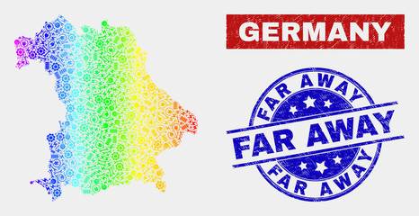 Production Germany map and blue Far Away scratched seal stamp. Spectrum gradient vector Germany map mosaic of service items. Blue round Far Away seal.