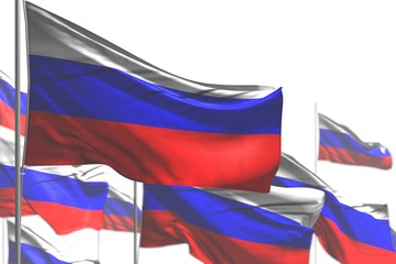 beautiful many Russia flags are wave isolated on white - illustration with soft focus - any holiday flag 3d illustration..
