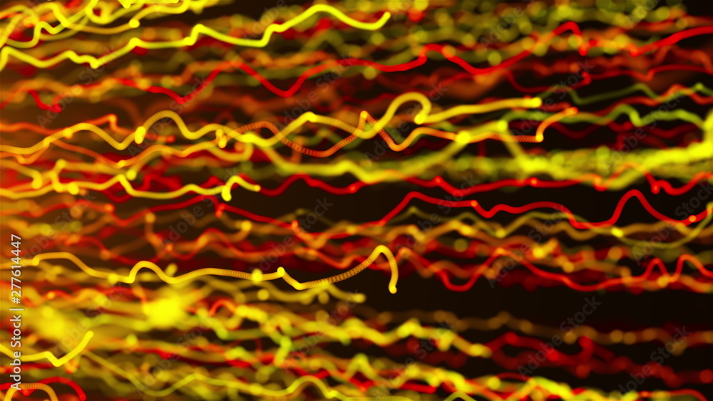 Poster many particles with long tails, 3d rendering backdrop, computer generating background