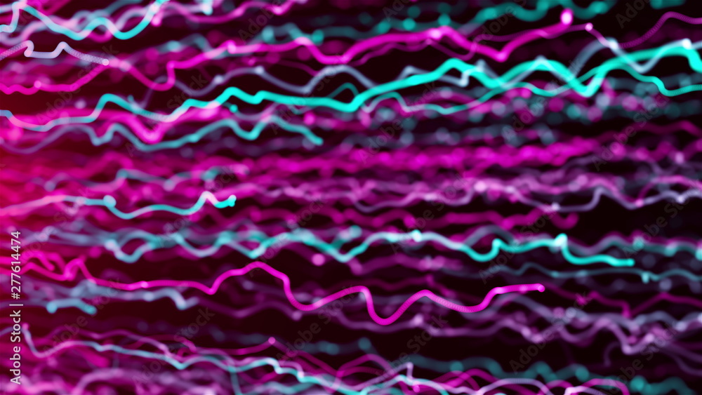 Poster many particles with long tails, 3d rendering backdrop, computer generating background