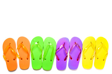 Colorful flip flop sandals isolated on white background. Top view