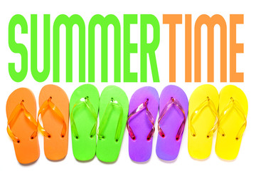 Colorful flip flop sandals isolated on white background. Top view with summertime illustrative text