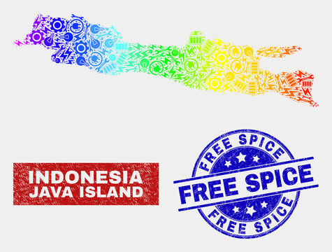 Construction Java Island map and blue Free Spice grunge seal stamp. Spectral gradiented vector Java Island map mosaic of service components. Blue round Free Spice stamp.