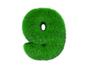 number 9 made of green grass isolated on white, nature concept - 3D illustration of symbols
