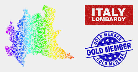 Industrial Lombardy region map and blue Gold Member textured seal. Spectral gradient vector Lombardy region map mosaic of mechanics parts. Blue rounded Gold Member seal.
