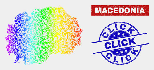 Component Macedonia map and blue Click grunge seal stamp. Spectral gradient vector Macedonia map mosaic of mechanics components. Blue rounded Click stamp.