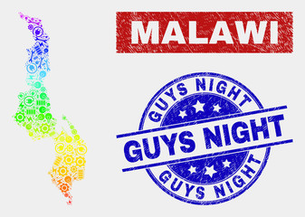 Component Malawi map and blue Guys Night distress seal stamp. Spectrum gradient vector Malawi map mosaic of repair elements. Blue rounded Guys Night stamp.